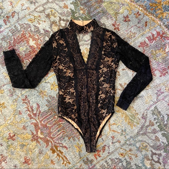 Gracia Tops - Black Lace & Natural Long Sleeve Body Suit
